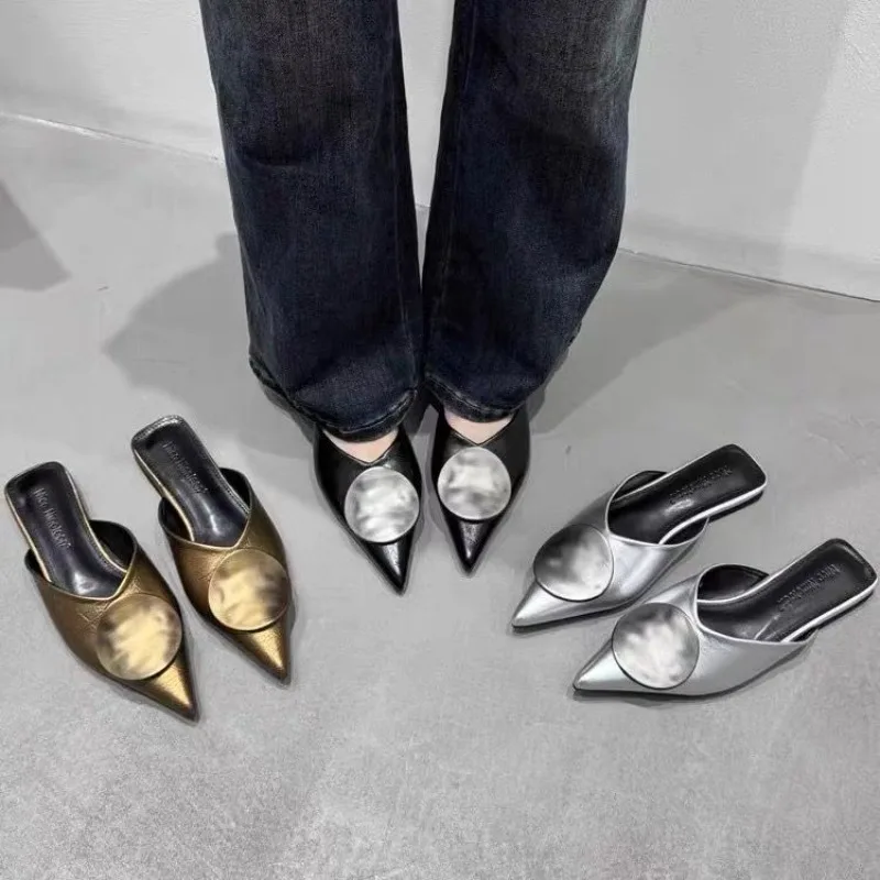 

Summer Women Slippers Designer Flat Sandals Slides Non-slip Metallic Fashion Footwear Brand Pointed Toe Mules Ladies Slippers