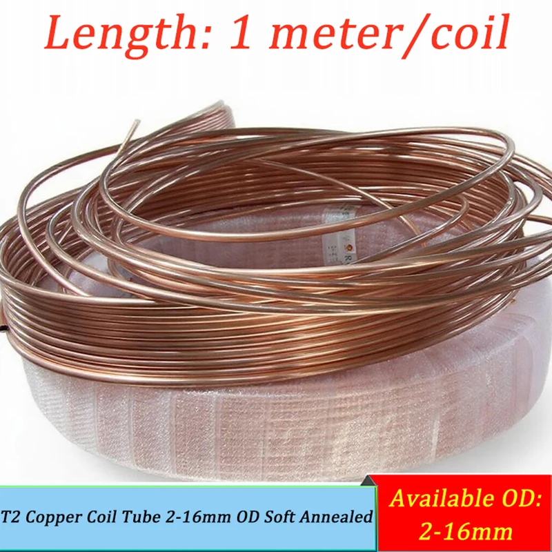 

1m T2 Copper Coil Tube 2-16mm OD Soft Annealed for AC Refrigeration Refrigerator Flexible Easy to Bend