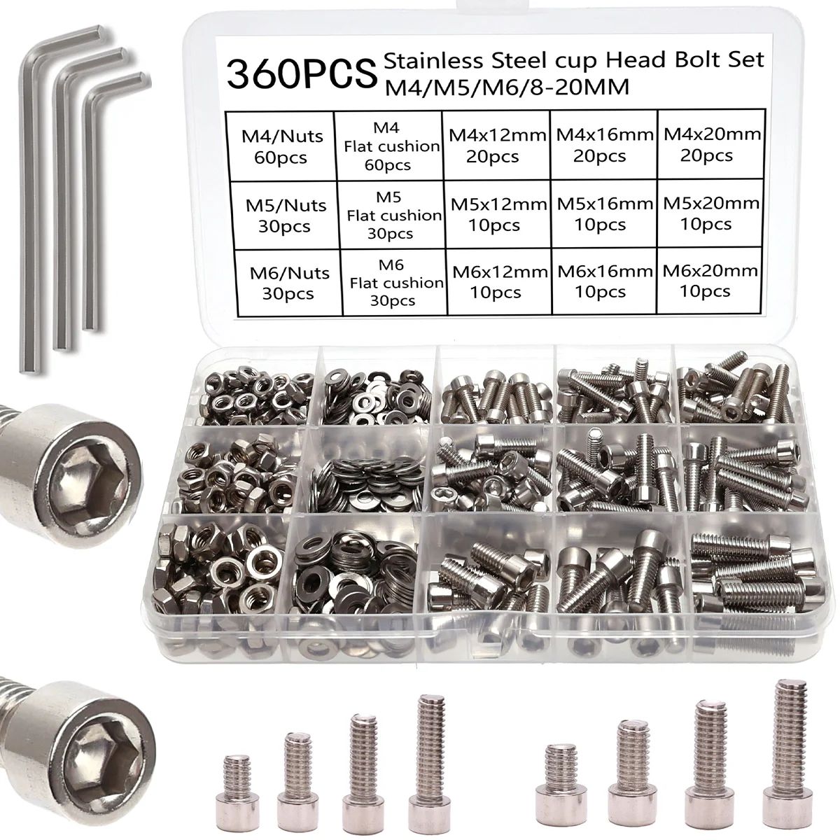 360-Piece Stainless Steel Internal Angle Nut and Bolt Combo Set - M4, M5, M6 Hex Head - Includes Flat Washer Wrench