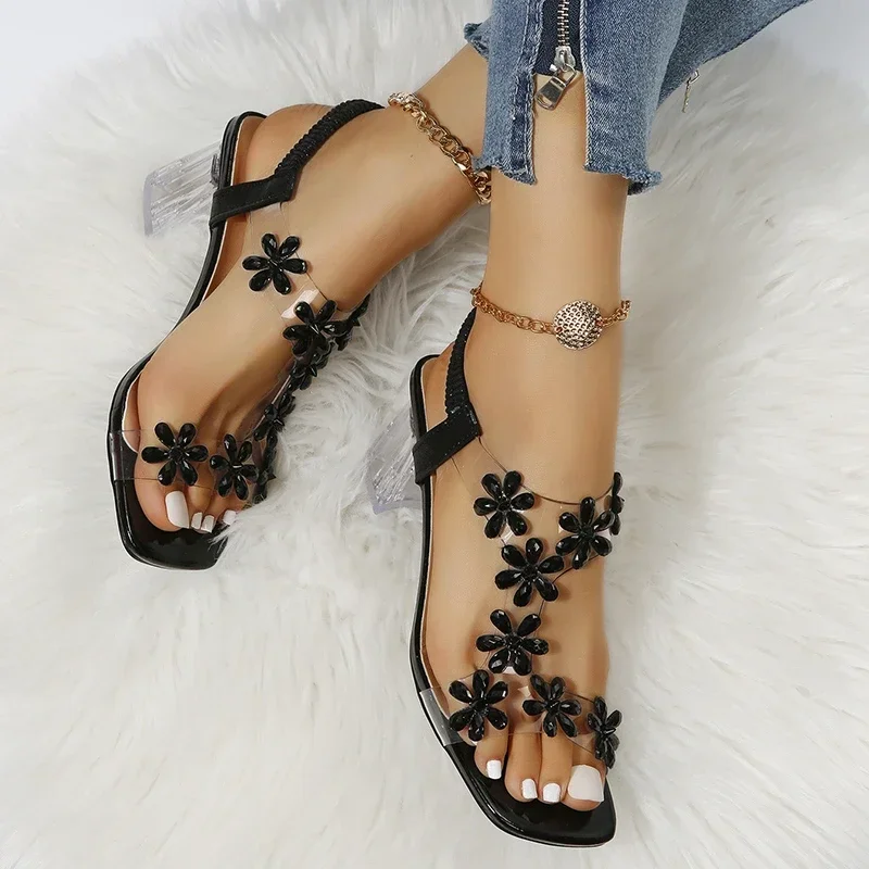 Letnie sandały damskie Pvc Crystal dekoracja kwiatowa Chunky Heel Peep Toe pasek z tyłu gumka eleganckie modne buty damskie