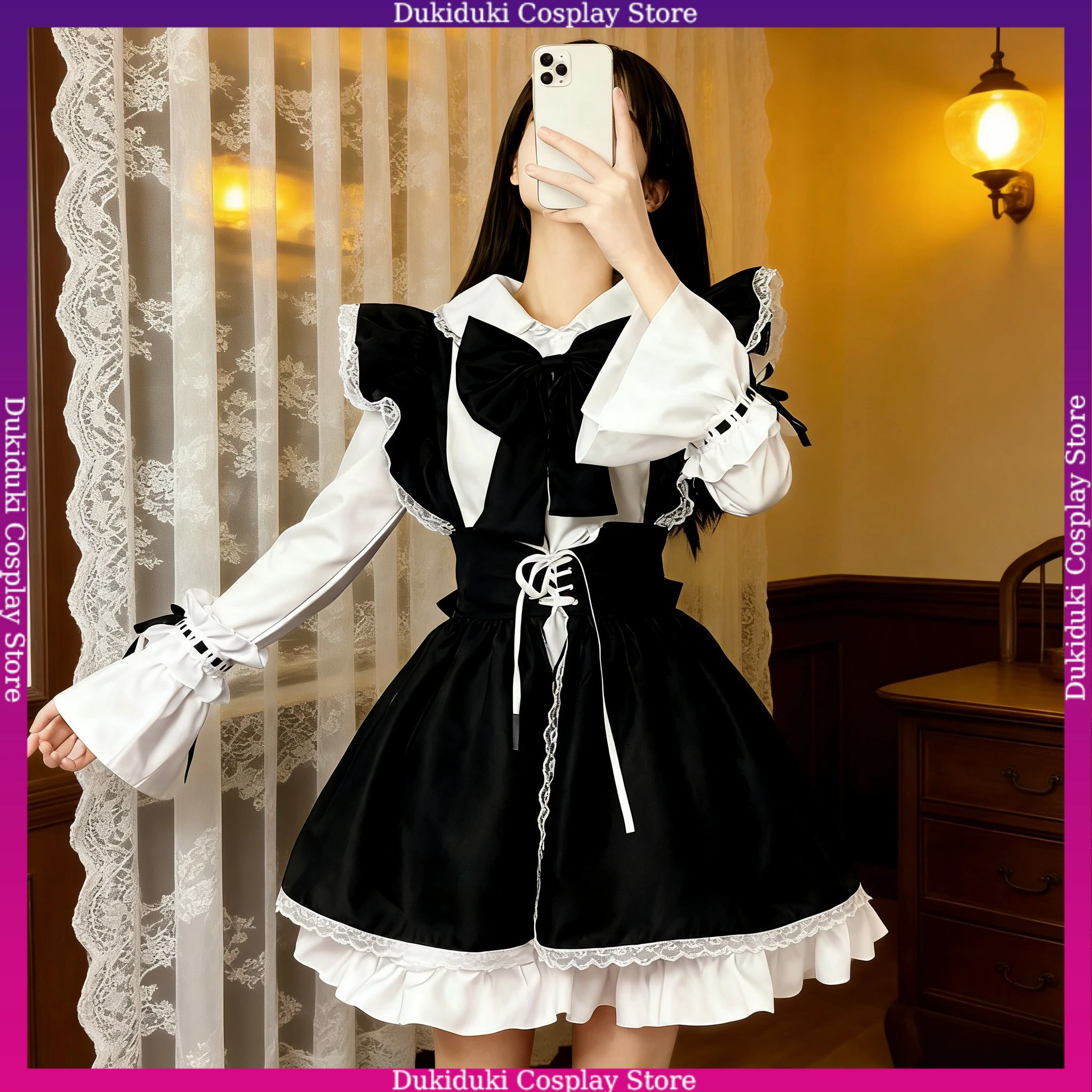 

Women Maid Outfit Lolita Cosplay Cute Kawaii Cafe Costume Black White Apron Dress Bowknot Mucama Gothic Elegant Vintage Harajuku