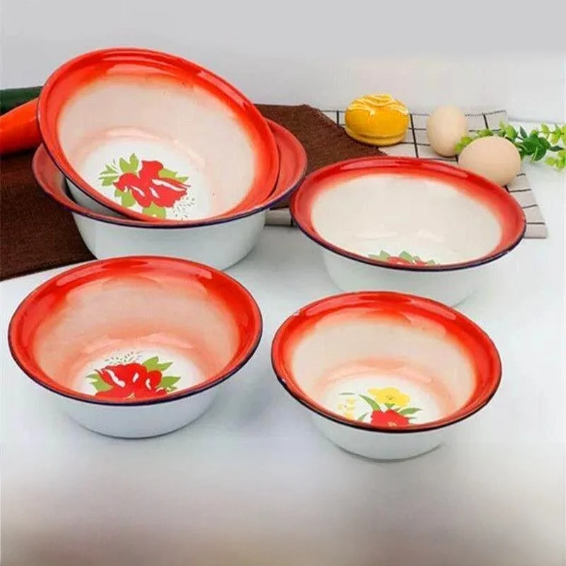 

Retro Enamel Bowl Deep Kitchen Stall Old Style Home Use Restaurant Soup Basin with Flower Chinese Style Dining Utensils