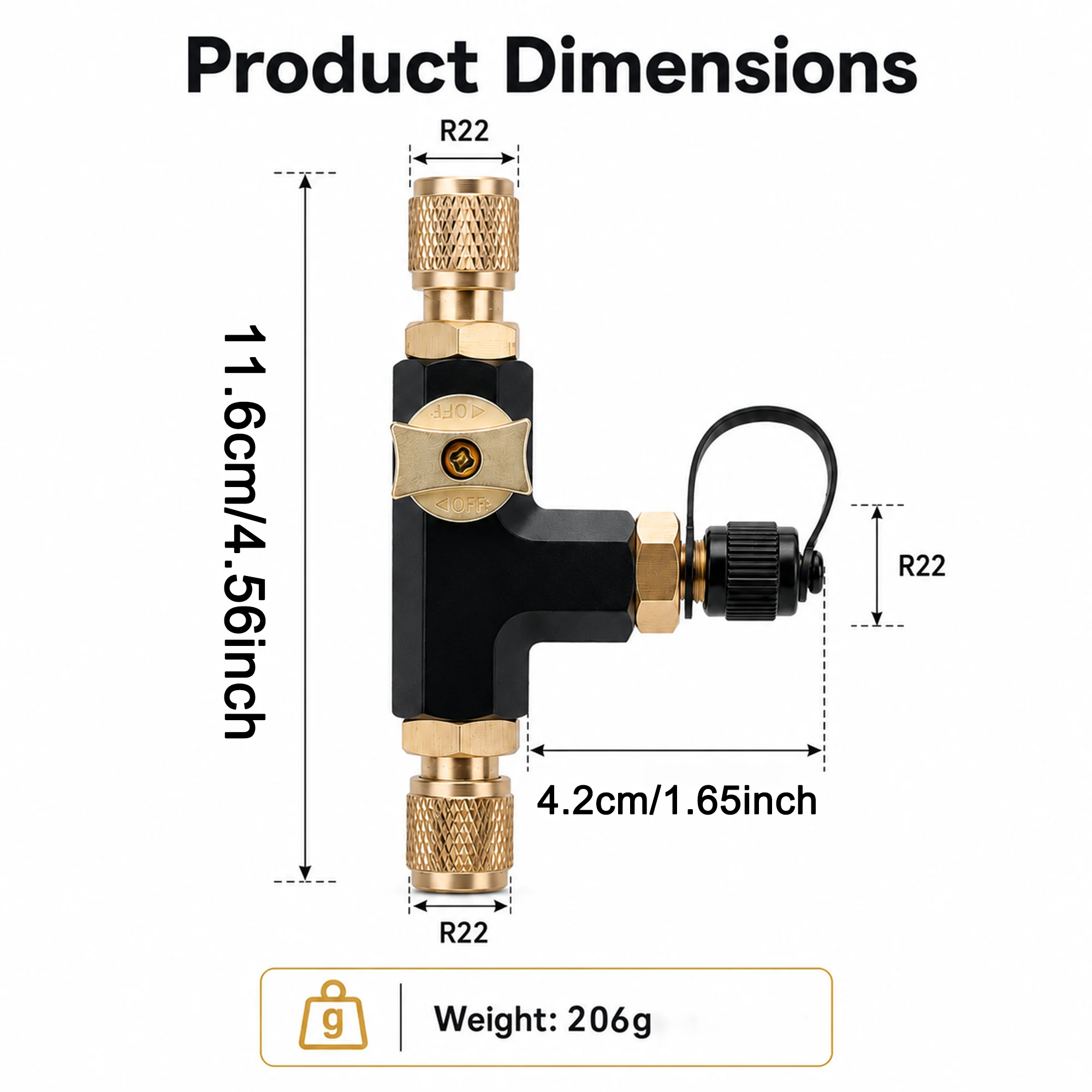 HVAC Vacuum Pump Adapter 3-Way Valve, Thickened Copper Alloy 1/4 SAE Fitting for Micron Gauge Air Conditioning Service