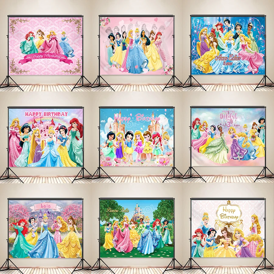 Disney Princess Birthday Banner Aurora Ariel Rapunzel Tiana Snow White Belle Cinderella Backdrop Custom Disney Princess Backdrop