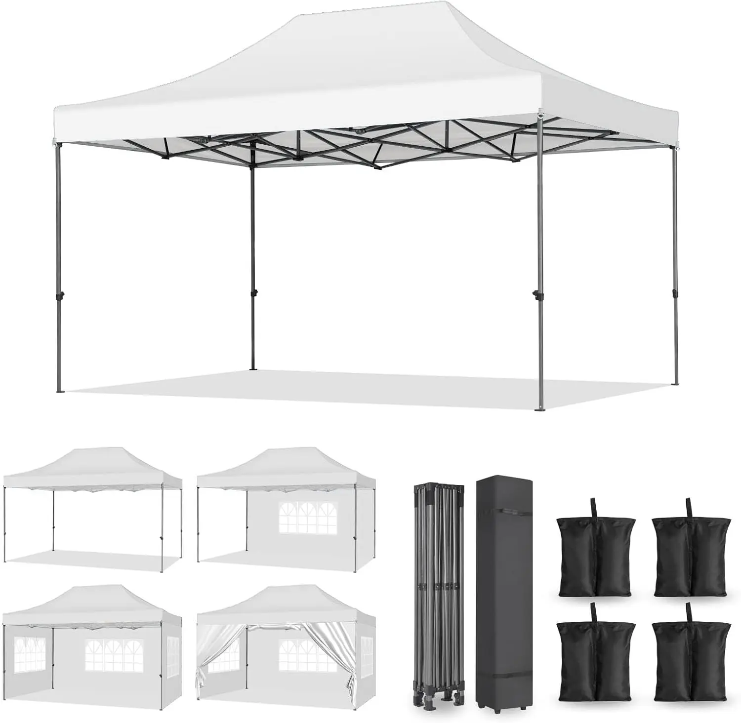 10x15 Heavy Duty Up Canopy Tent with 4 Removable Sidewalls（White）, Easy Setup Commercial Outdoor Canopyraded