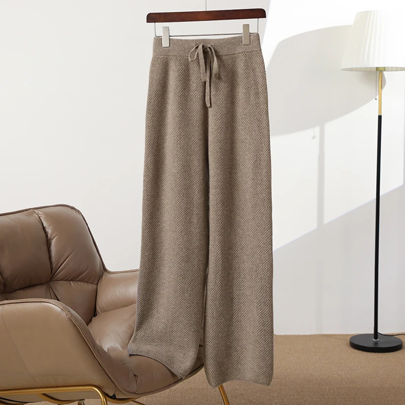 100% merino wool women's knitted trousers, fashionable, warm, honeycomb stitching, wide-leg pants, new autumn and winter 2024