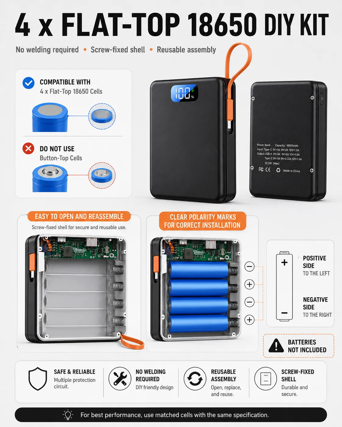 Digital Display 4x18650 DIY Battery Case, 22.5W Fast Charging Power Bank Shell Integrated With Built-in Type-C Cable