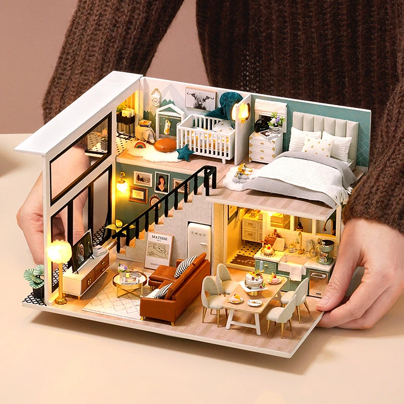 DIY Wooden Modern Loft Casa Doll Houses Miniature Building Kit Dollhouse with Furniture Led Lights for Girls Birthday Gifts