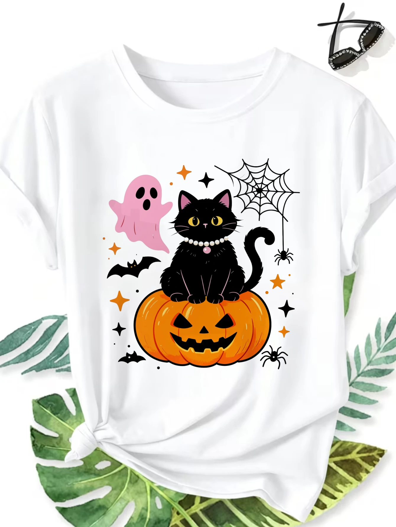 Women's Round Neck Short Sleeve Casual T-Shirt Halloween Black Cat on Pumpkin with Ghost and Spider Web Pattern Print Women Tee