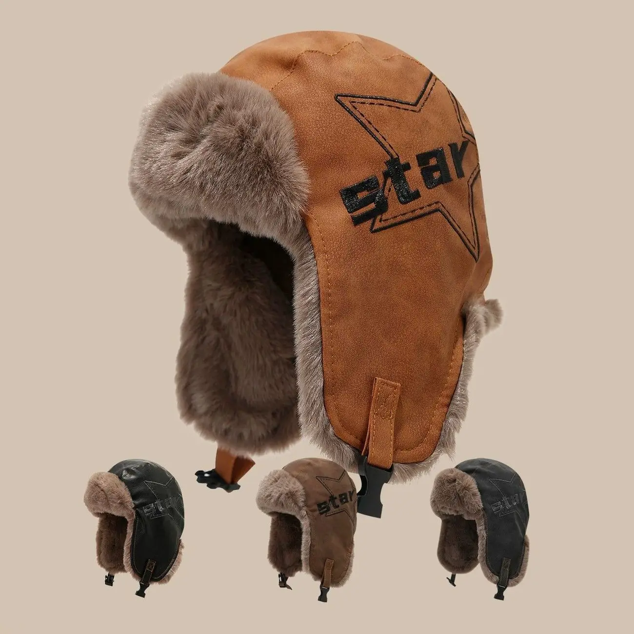 Cycling Trapper Hat Vintage Unisex Winter Outdoor Aviator Hat Faux Leather Earflap Hat Fleece Lined Thickened Warm Pilot Hat