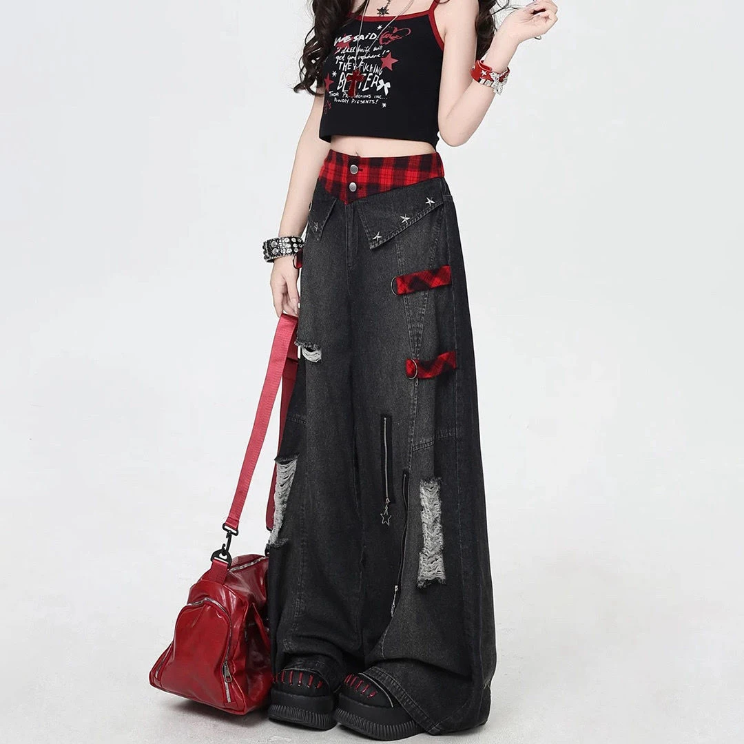 Jeans a vita alta per l'industria pesante con foro vecchio lavato Primavera Estate da donna 2025 Nuovo senso del design Pantaloni larghi dimagranti a gamba larga