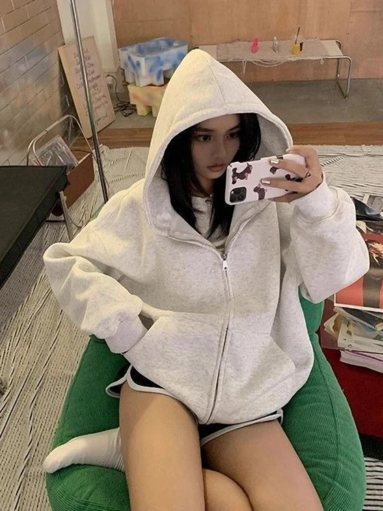 Women's Autumn Original US Vintage High Street Oversized Hooded Sweatshirt Lazy Style Zipper Coat Chic - view 4