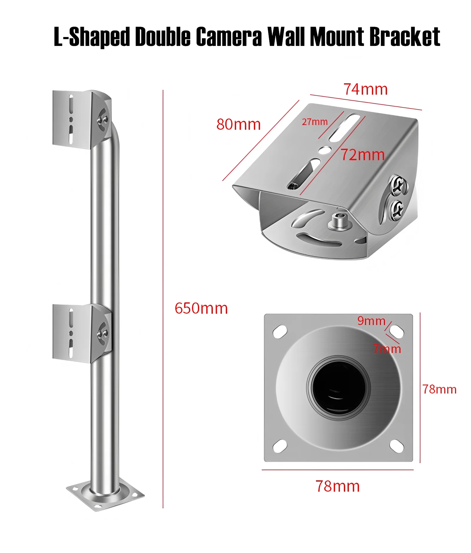 L-Shaped Security Dual Camera Mounting Bracket 65cm Extended Horizontal Arm Stainless Steel Universal Bracket for Double Cameras