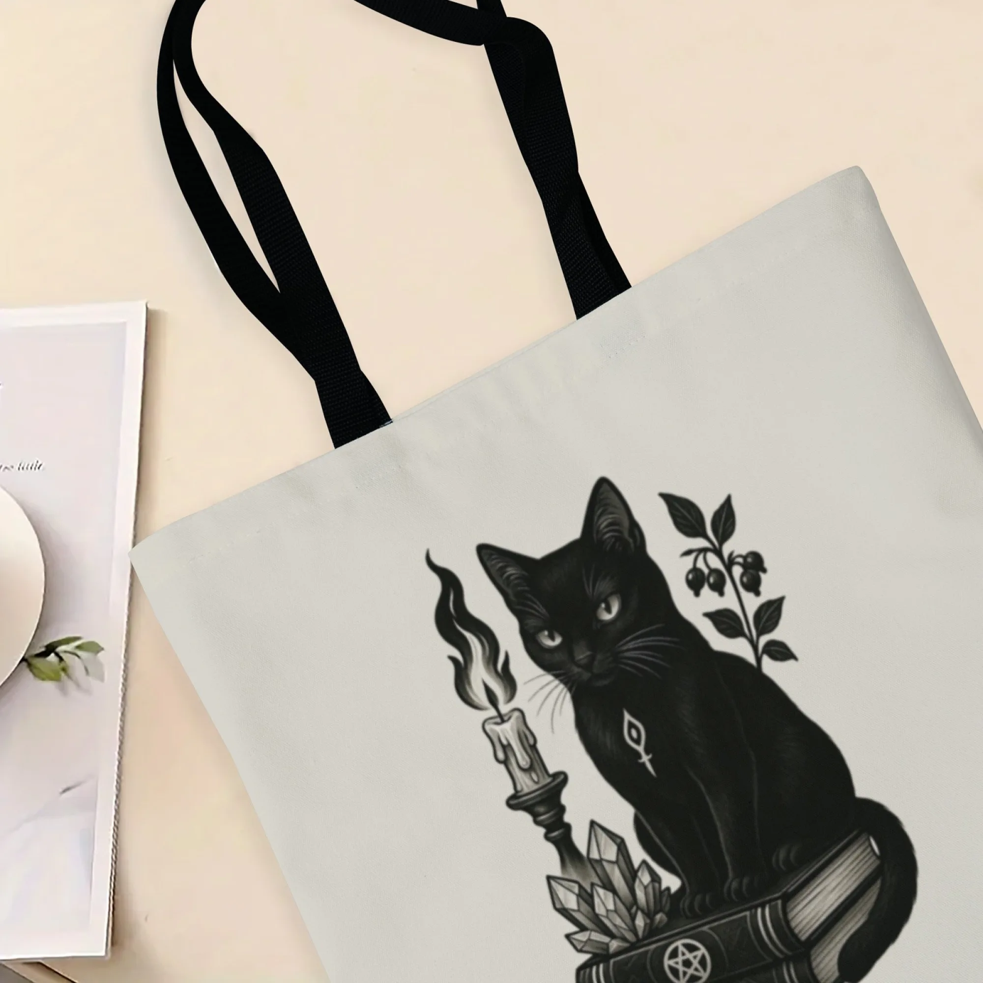 حقيبة كتف قماشية ذات قطة سوداء متعددة الاستخدامات، حقيبة كتف عملية للنساء مناسبة للتسوق والتسوق اليومي والمناسبات القوطية