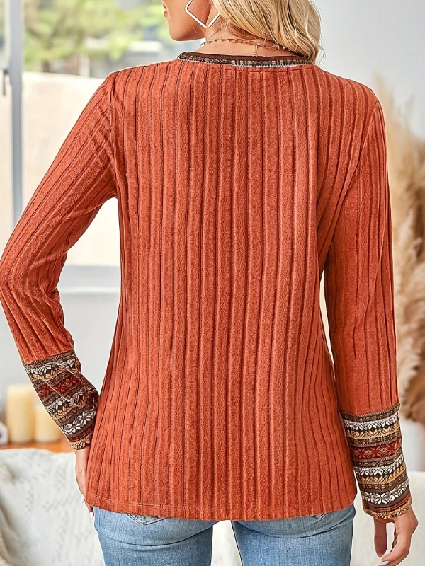 Ethnische Patchwork-Oberteile mit Rippstruktur für Damen, Rundhals, Langarm, lockere, lässige Tunika-Bluse – Detail 4