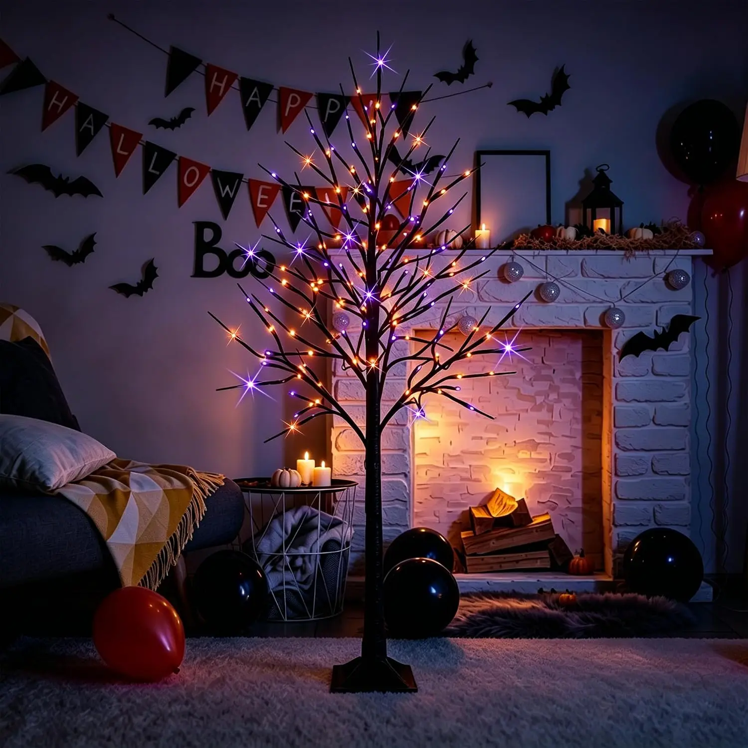 2 Pack 6 FT Halloween Lighted Black Birch Tree, Total 288 LED Purple and Orange Spooky Tree with Timer, Waterproof Halloween Dec
