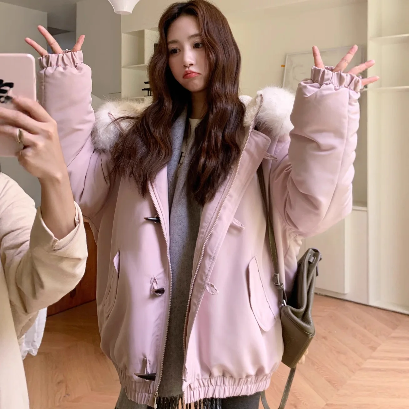 Hooded Women Parkas Coat Short Solid Jacket Big Fur Collar Zipper Toggle Elastic Hem Thick Loose Fit Casual Autumn Winter 2025