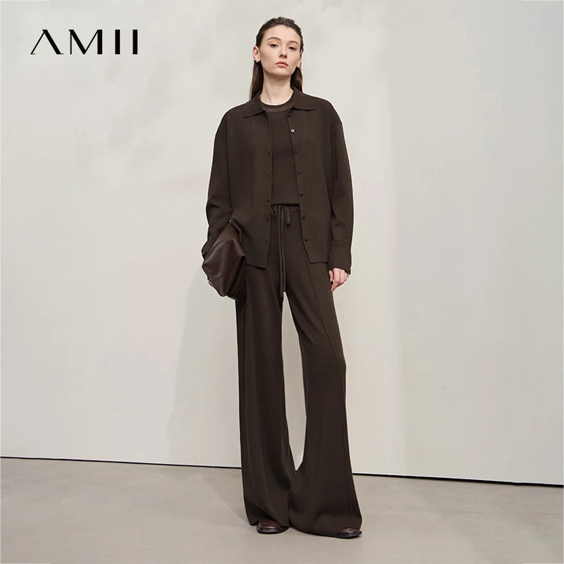 AMII Casual Trousers Women's 2025 Autumn New Turn-Down Collar Versatile Cardigan Knitted Solid Color Long Sleeve Tops 12543089