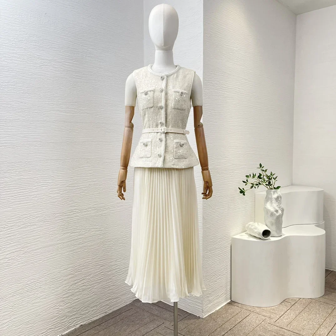 

2024 Spring Summer Ivory Sleeveless Tweed Patchwork Snapper Buttons Front High Quality Ruched Pleat Fake Two Piece Midi Dress