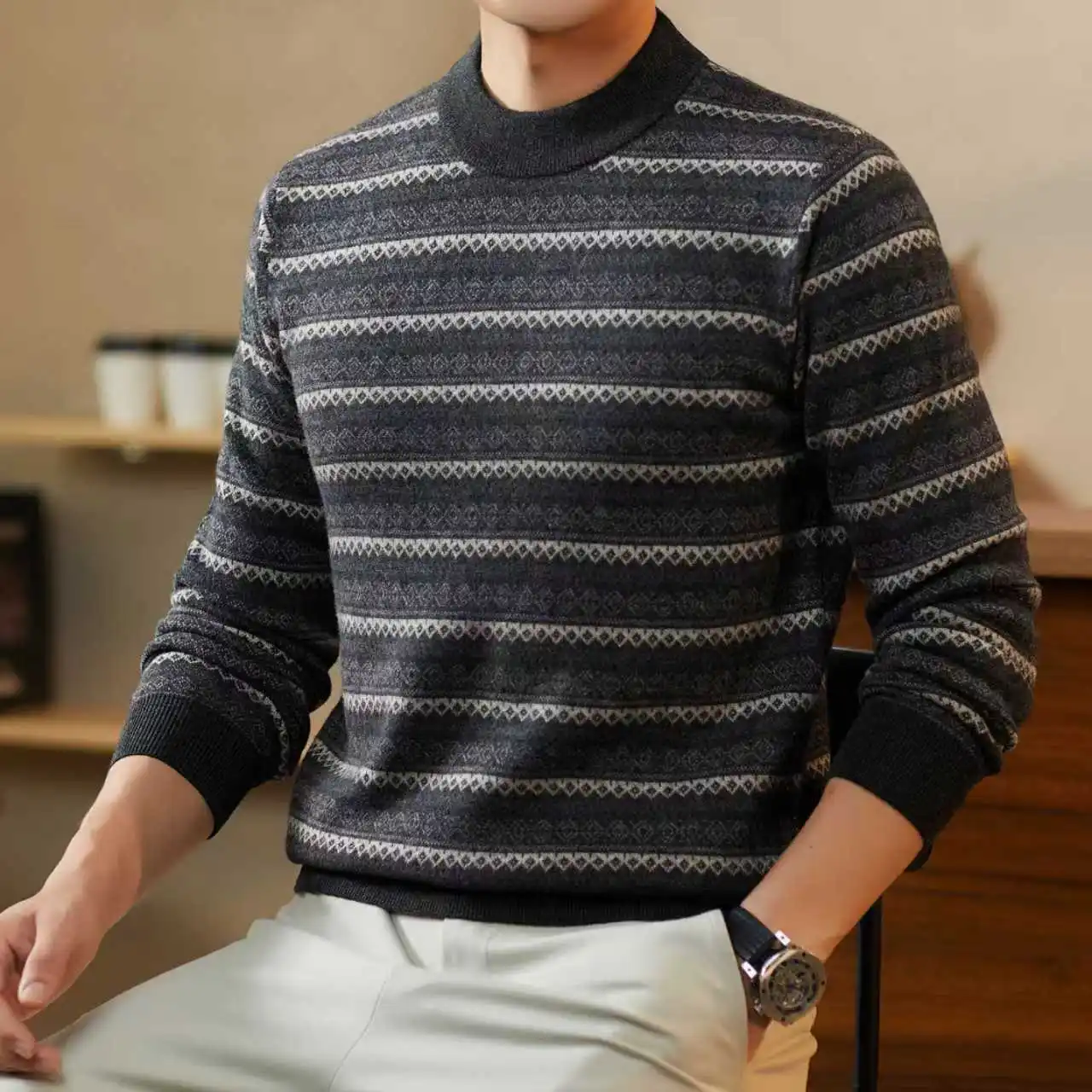 Джемпер высшего качества из 100% чистой кашемировой шерсти, 2025 г., мужской зимний модный толстый свитер в полоску с длинными рукавами, мужская теплая одежда из овечьей шерсти