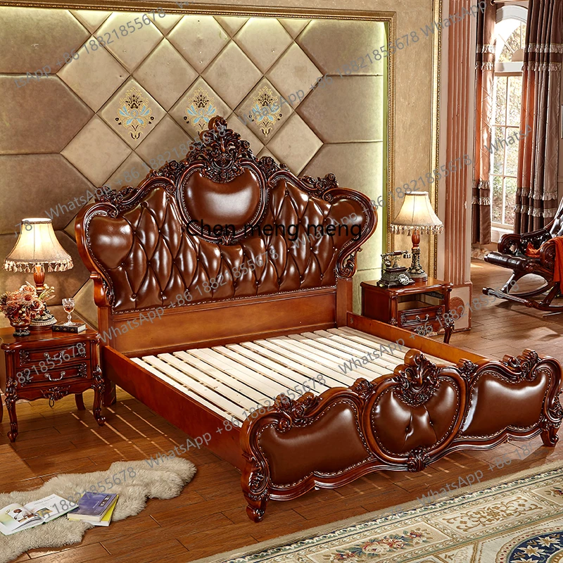 

European leather bed solid wood carving flower first layer cowhide high-end American 1.8 * 2 meters luxury double bed