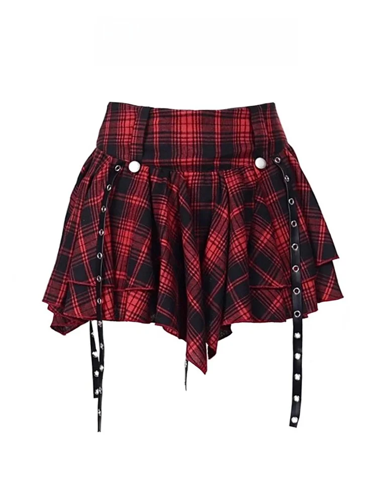 

k Punk Unregular Red Plaid ort Skirt Women's Summer Ro Y2K Spicy Girl Fluffy Cake Skirt High Waist A-Line Skirt