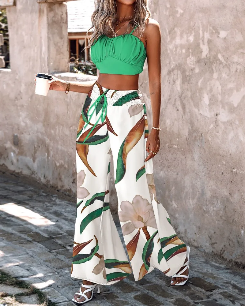 

Boho Wide Leg Pant Sets Women Sexy Spaghetti Top And Print Pant 2 Piece Sets Women Outfit Casual Beach Holiday Lace Up Pant suit
