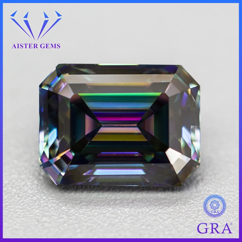 

Rainbow Color Moissanite Stone With Certificate Emerald Cut VVS1 Pass Diamond Tester with GRA Code On Stone