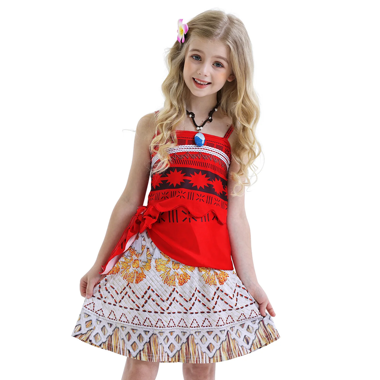 Girls Kids Moana Dresses Clothes Cosplay Vaiana Halloween Princess Dress Necklace Wig Children Carnival Party Summer Costume Set