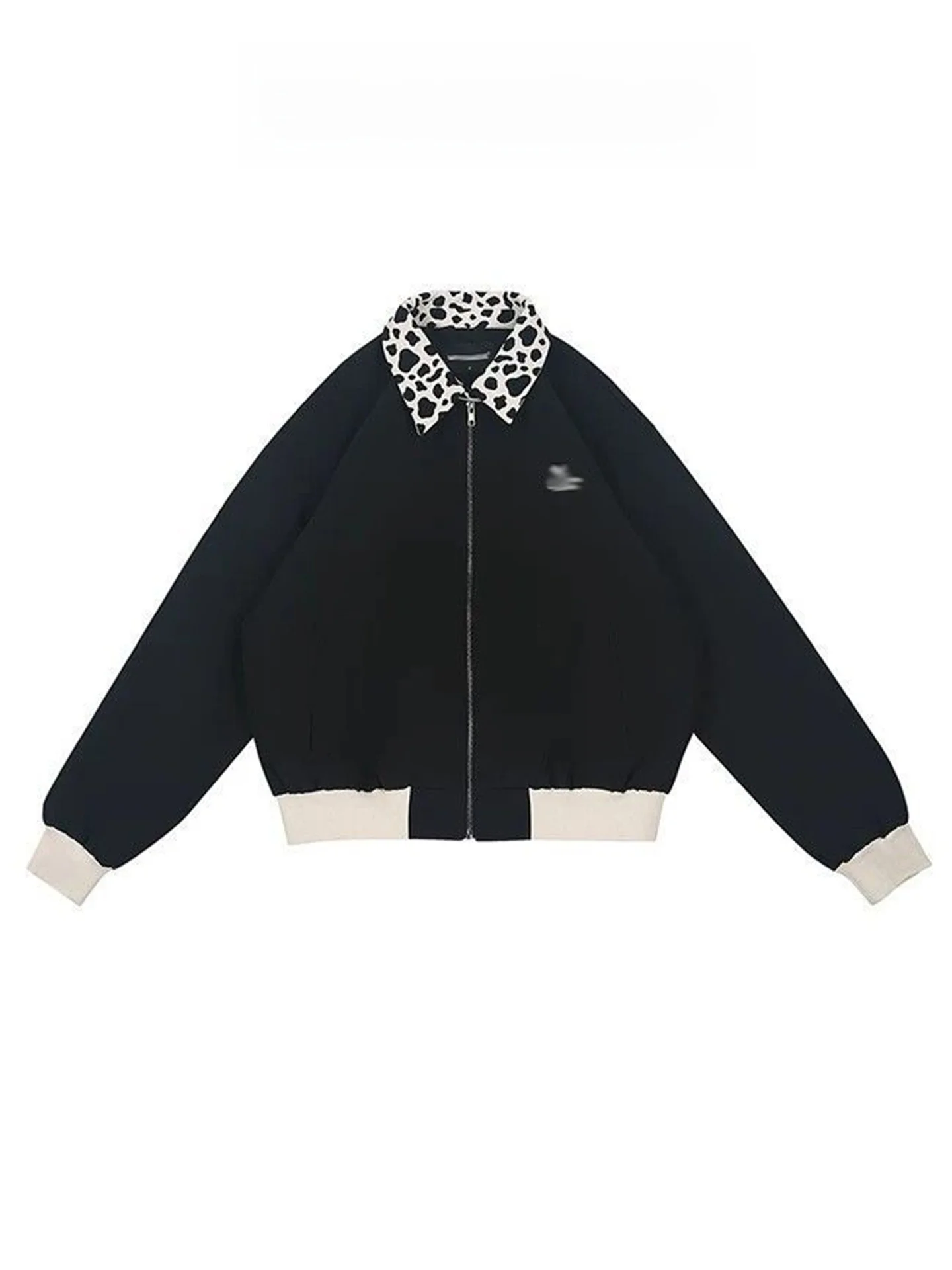 Black Cow Pattern Stand Collar Patchwork Jacket Short Loose Embroidery Color Block Women's Casual Style Autumn Outerwear