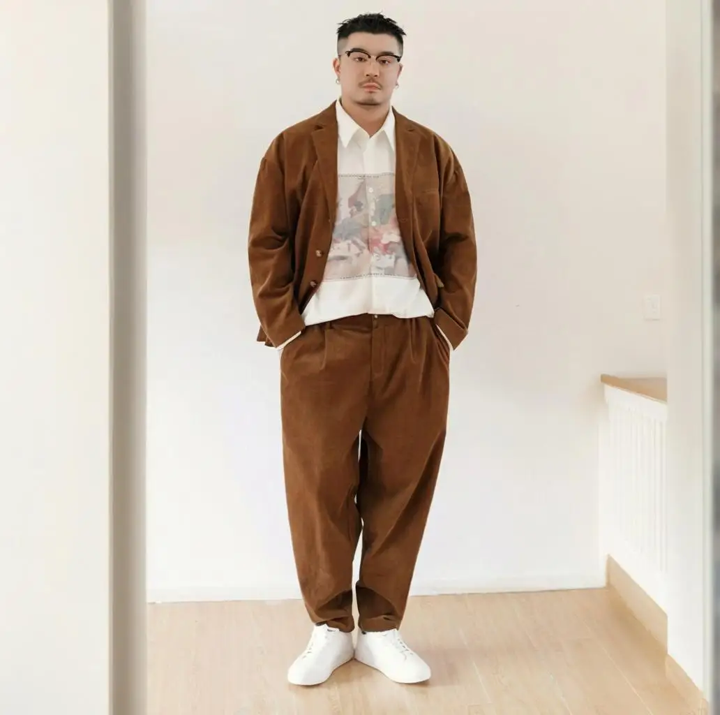 

Mens Big and Tall Suits Corduroy 2 Piece Set Double Breasted Blazer & Pants Loose Fit Casual Formal Suit Customize
