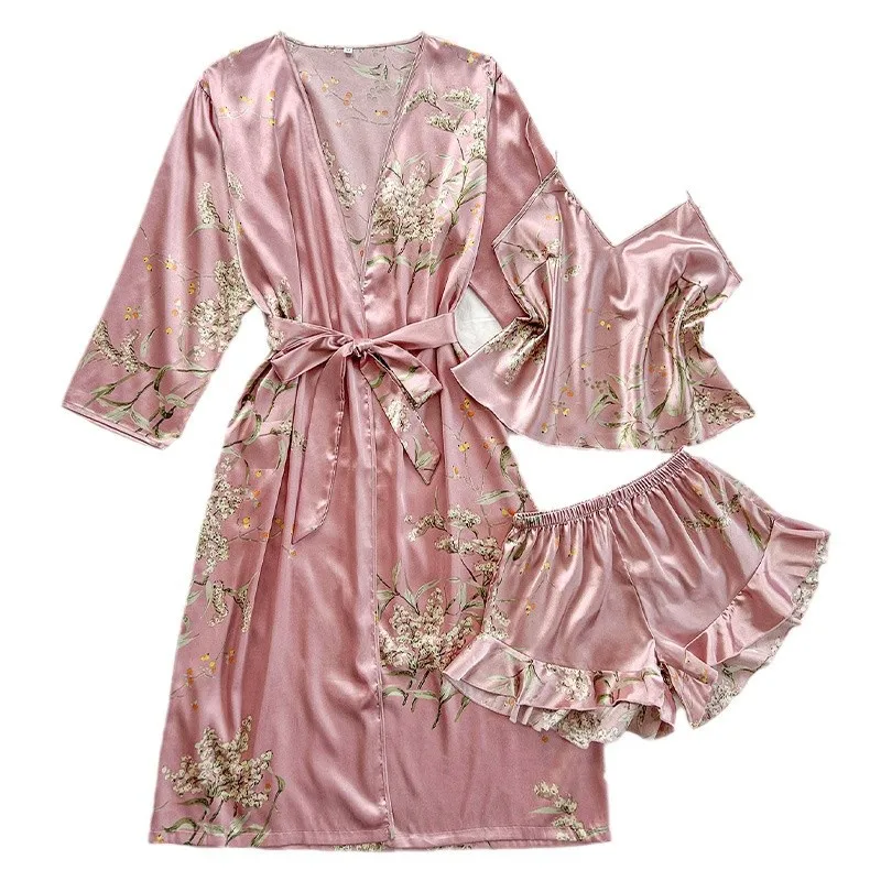 Female 3PCS Pajamas Set Spring Summer New Sleepwear Home Clothes Print Cherry Flower Long Kimono Bathrobe Gown Rayon Loungewear