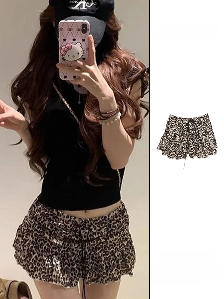 American Style Leopard Print Belted A-Line  Skirt Women's Summer Y2K Retro Design High Waist Short Cake Skirt Pants