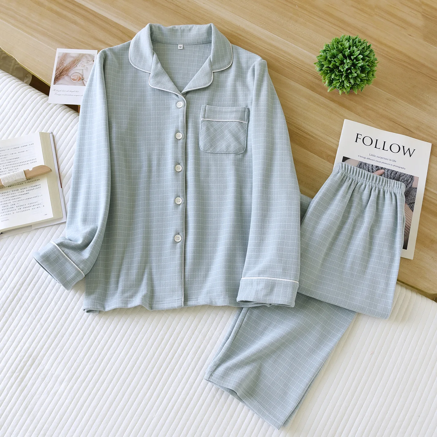 الخريف والشتاء زوجين منامة منقوشة ملابس منزلية بسيطة المرأة طويلة الأكمام الرجال ملابس المنزل فضفاضة مجموعة