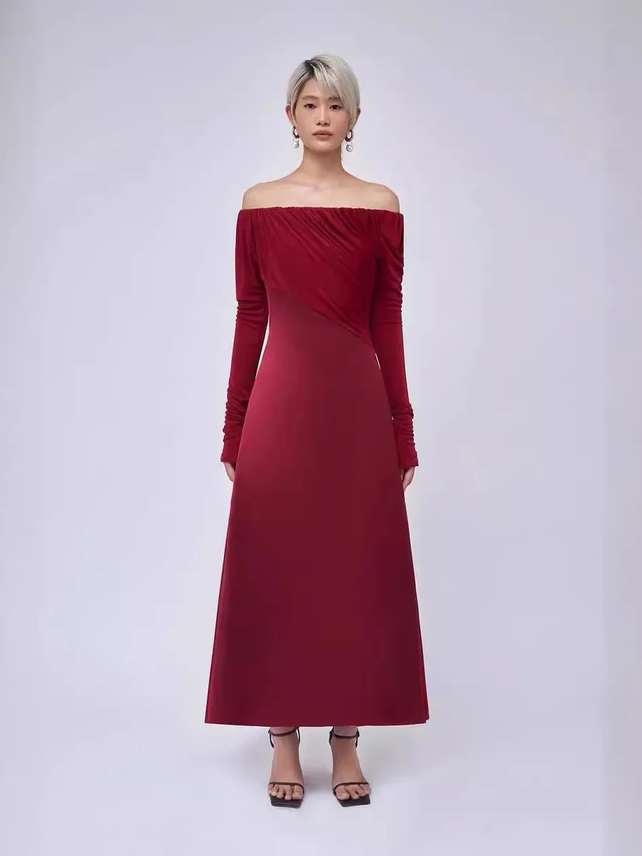 BEWQ แฟชั่นผู้หญิงชุดราตรีคอพลีทถักเย็บปะติดปะต่อกันเอวสีทึบชุดปาร์ตี้สุดหรู 2025 ฤดูใบไม้ร่วงใหม่