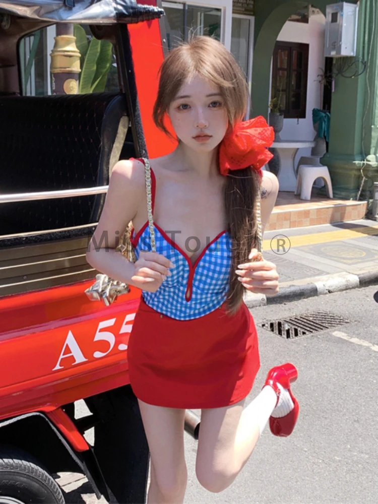 Summer Sexy Slim Sling Sleeveless Set Skirt Women Korean Fashion Blue Plaid Tops Red Mini Skirts Aesthetic Y2k Casual Suits New