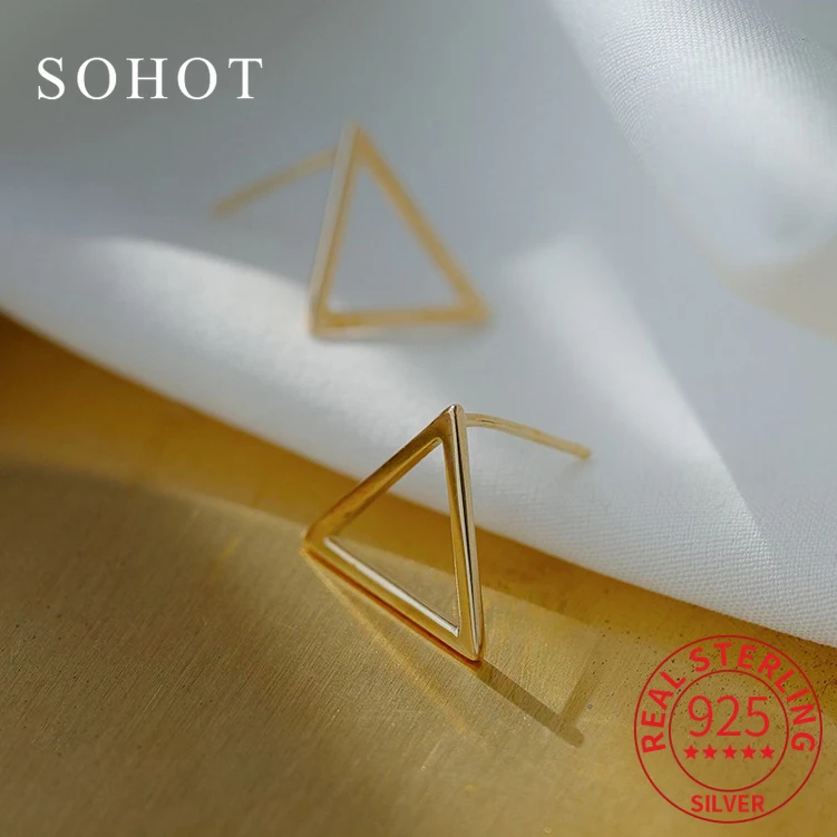 Real 925 Sterling Silver Minimalist Hollow Triangle Stud Earrings for Women Party Trendy Geometric Fine Jewelry Accessories