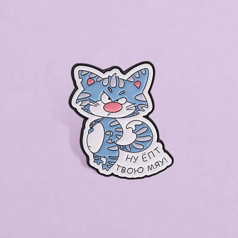 Funny Cartoon Russian Language Angry Blue Cat Brooches Casual Commute Party Alloy Badges Pins DIY Bag Clothes Hat Scarf T-shirt