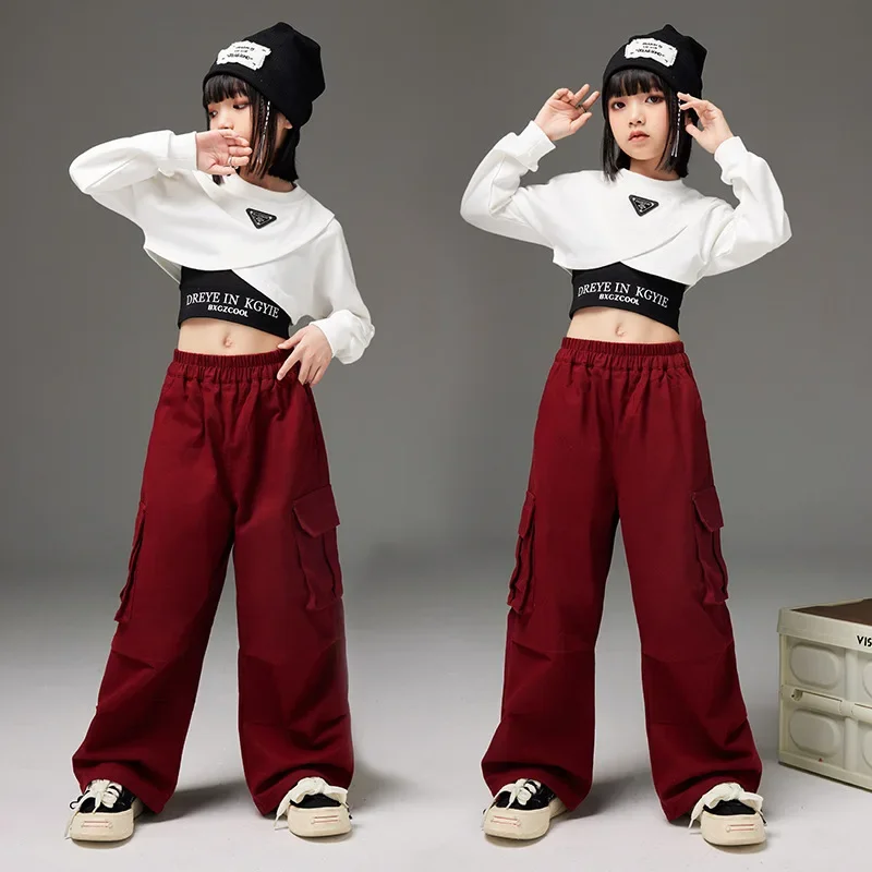 Girls Clothes Jazz Modern Dance Costumes White Long-sleeved Crop Tops Black Vest Red Cargo Pant 3pcs Streetwear Hip Hop Outfits