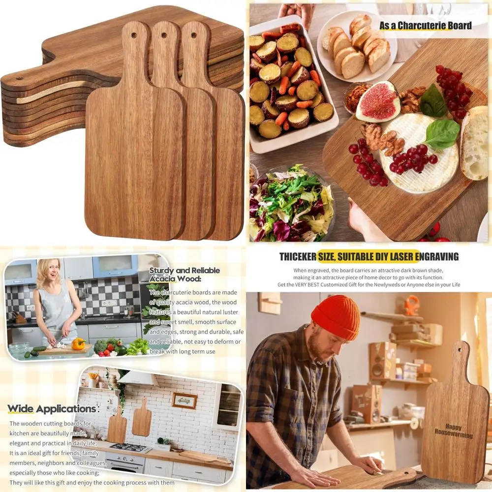 

Bulk 12-Piece Wood Cutting Boards with Handle, 15x7 Inches Acacia Serving Trays for Charcuterie and Laser Engraving