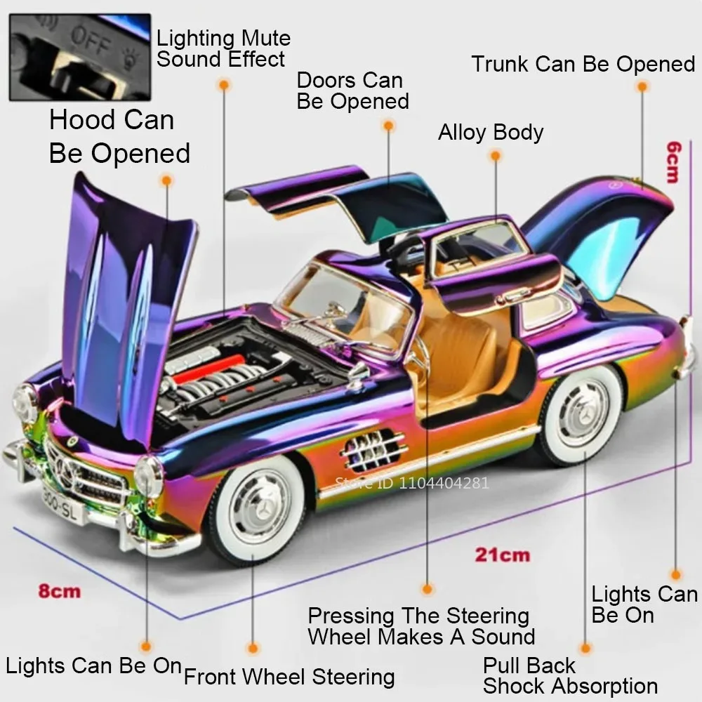 1:24 Phantom 300SL Legierung Diecast Vintage Auto Miniatur Modell Spielzeug Sound Licht Zurückziehen Türen Geöffnet Ornament Kinder Festival Geschenk – Detail 21