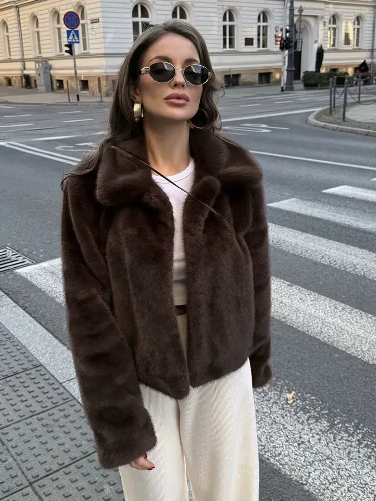 

New Women's Casual Fur Jacket Fashion Turn-down Collar Full Sleeve Short Coat Warm Soft Faux Fur Croped Coat Retro Outerwear
