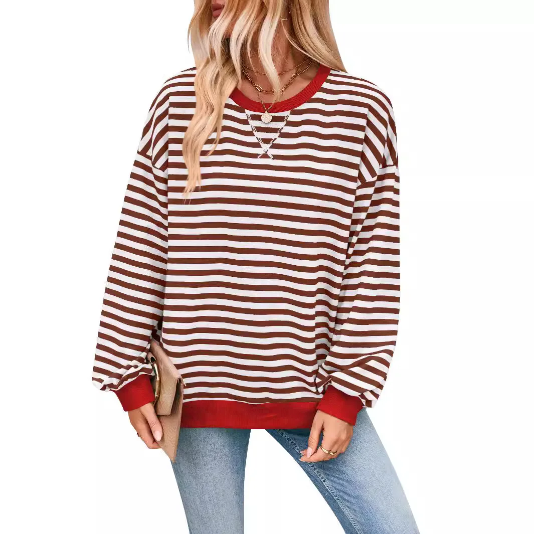 Women\'s 2024 Autumn Winter Loose Casual Striped Sweater Women\'s Long Sleeve Contrast Color Lantern Sleeve Thick Striped Top