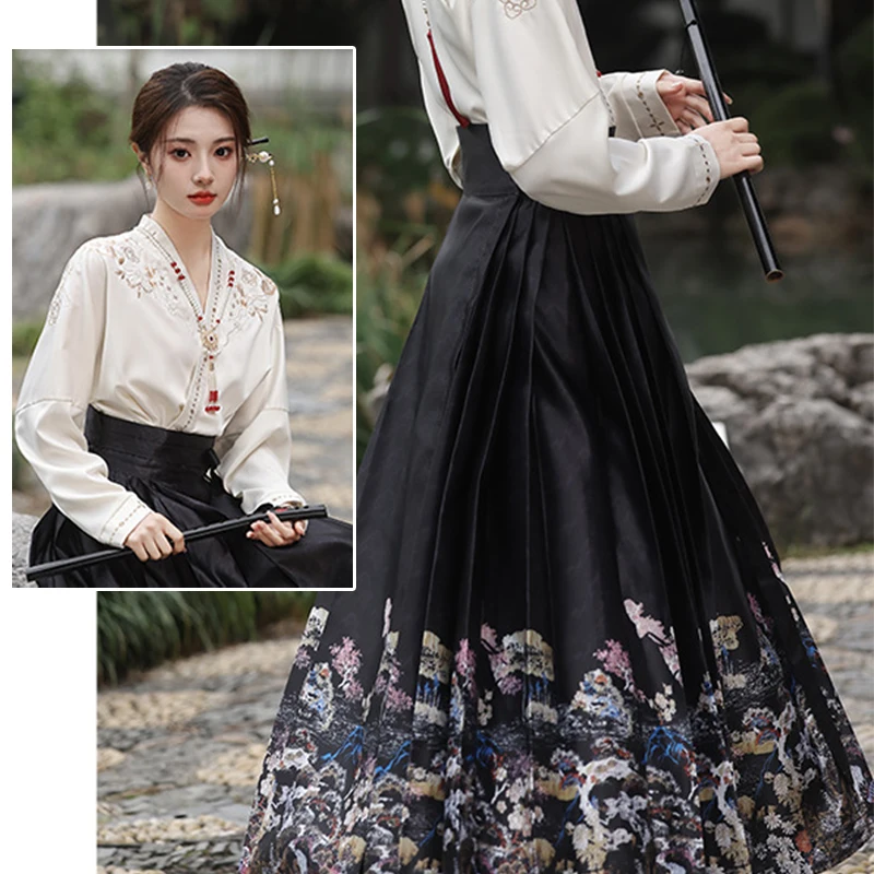 Vintage Hanfu Horse Face Skirt Women Chinese Traditional Hanfu   Pleated Skirts Ming Dynasty Retro Jacquard  Hanfu Fairy Dress