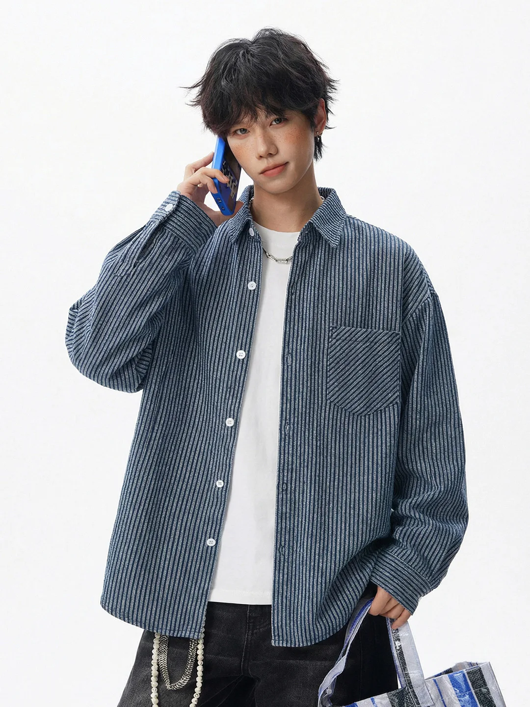 

Retro Striped Waed Denim Long Sve Men's irt Spring Sle Ba Split Design Loose Japanese Sle Casual Outerwear