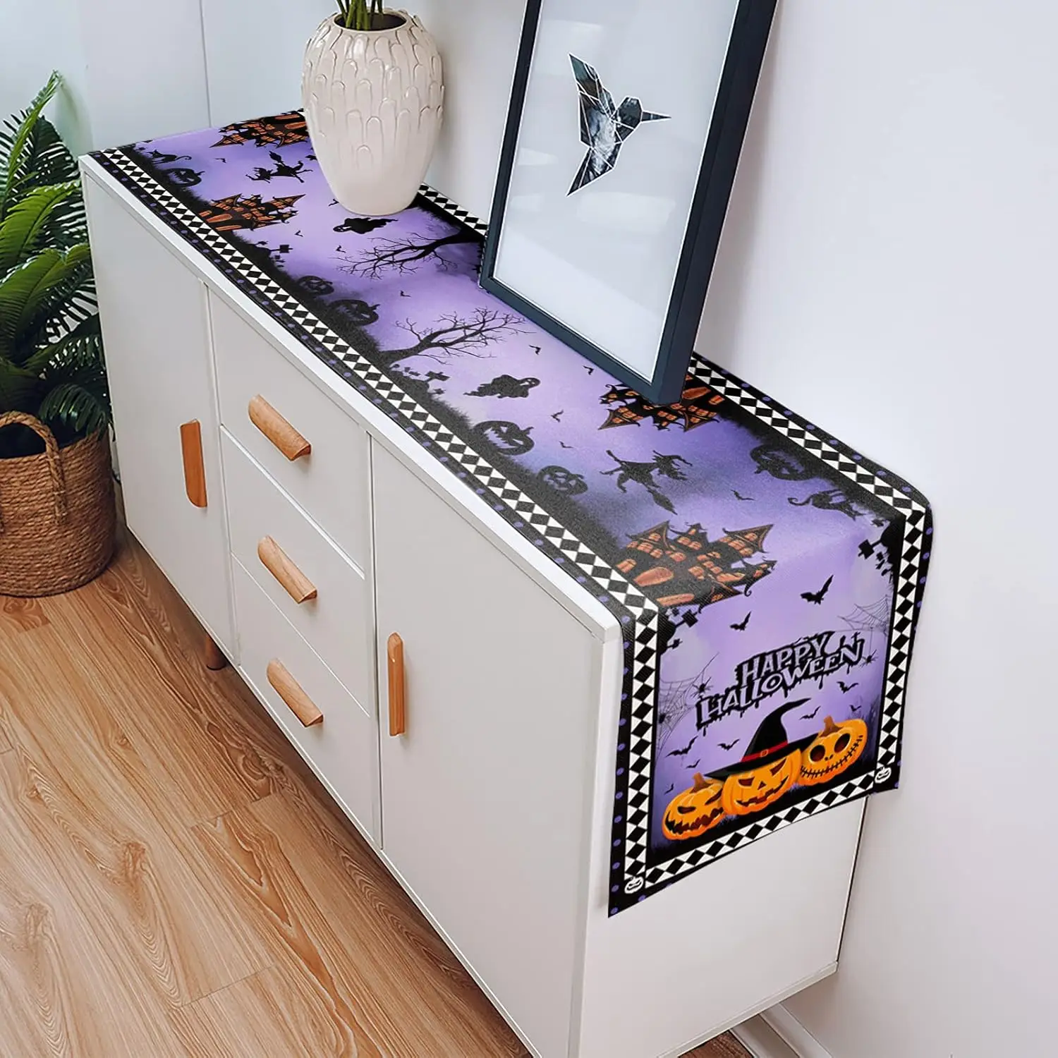 Halloween Pumpkins Bat Diamond Plaid Linen Table Runners Washable All Season Table Linen Decoration for Holiday Dresser Scarves