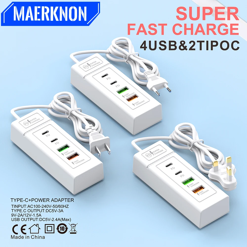 4 in 1 Multi Ports USB Type C Charger PD High Speed Charger Fast Charging Power Adapter For iPhone Samsung Xiaomi Quick Charger