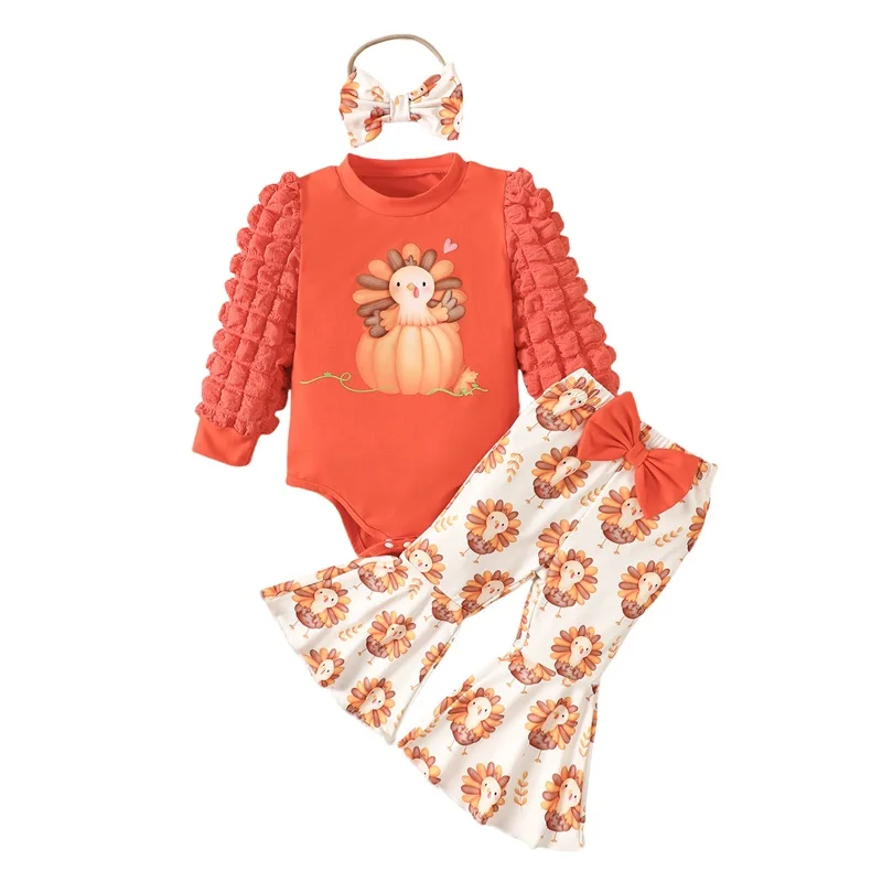 

Baby Girls Thanksgiving Pants Sets Long Sleeve Turkey Print Romper Flared Pants Headband Sets