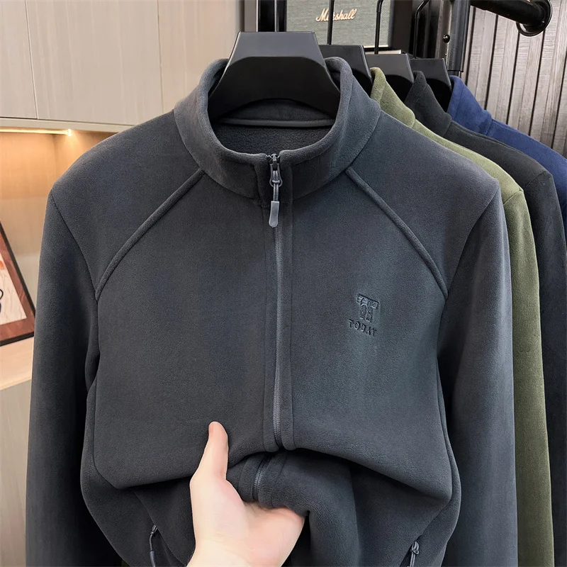 Autumn Winter Soft Men's Zip Solid Color Stand Collar Jacket Original Warm Long Sleeve Casual Tops Advanced Outerwear Men's Wear