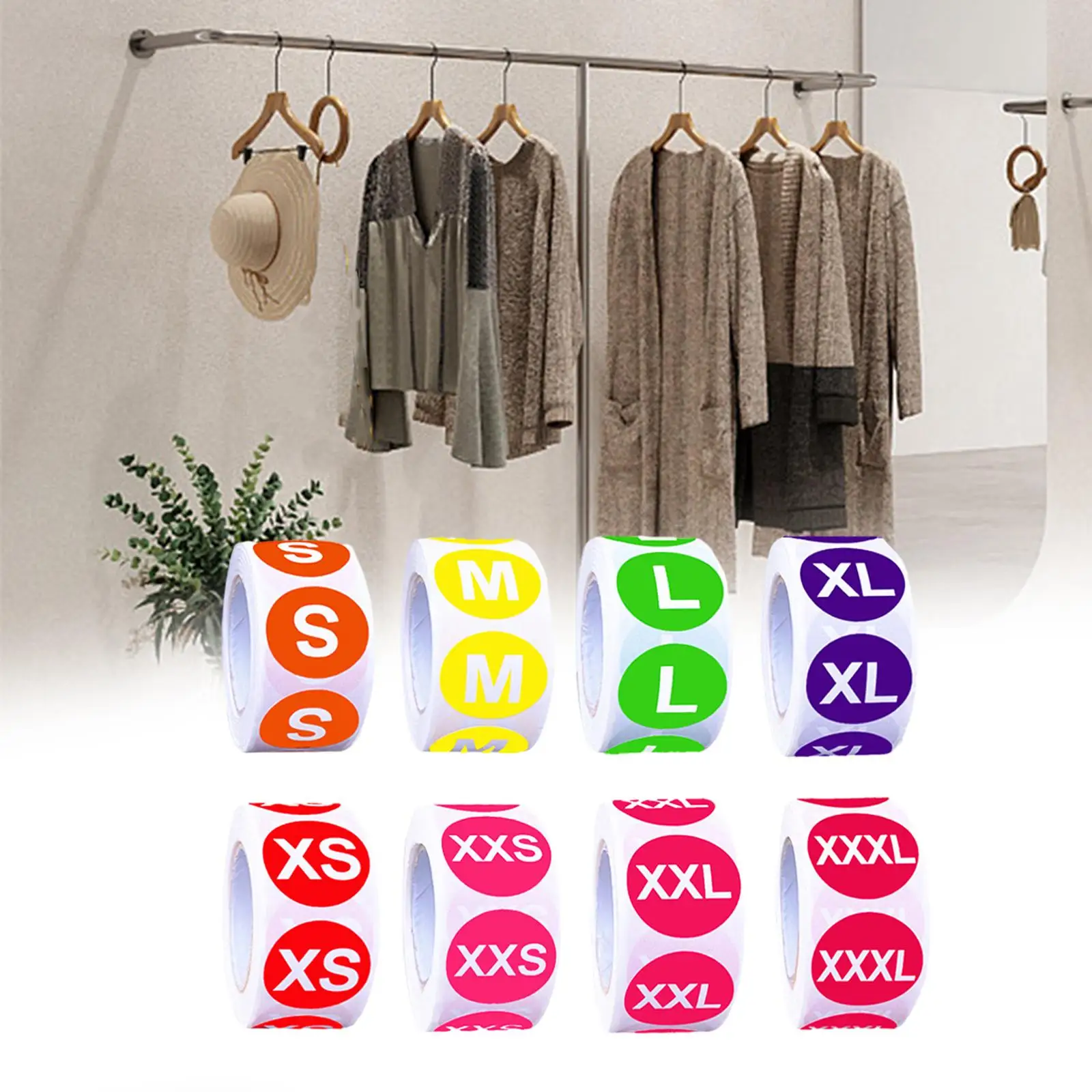 حجم الملابس ملصقا تسميات ، لون مشفرة لاصق ملابس مستديرة تي شيرت التحجيم ملصقات ، 1 "، 8 لفة ، 4000 قطع